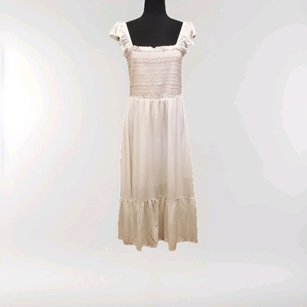 Allegra K Women's L Smocked Midi Dress Off- White Tiered Cottagecore Boho